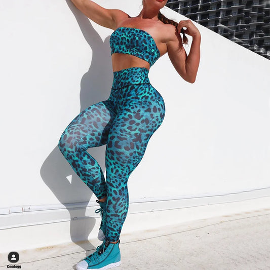Nylon  Tube Bra Tracksuits Women Leopard print Yoga Set Sports Suit Women Lounge Wear Crop Tops Sexy Women Leggings Shello Creative Boutique