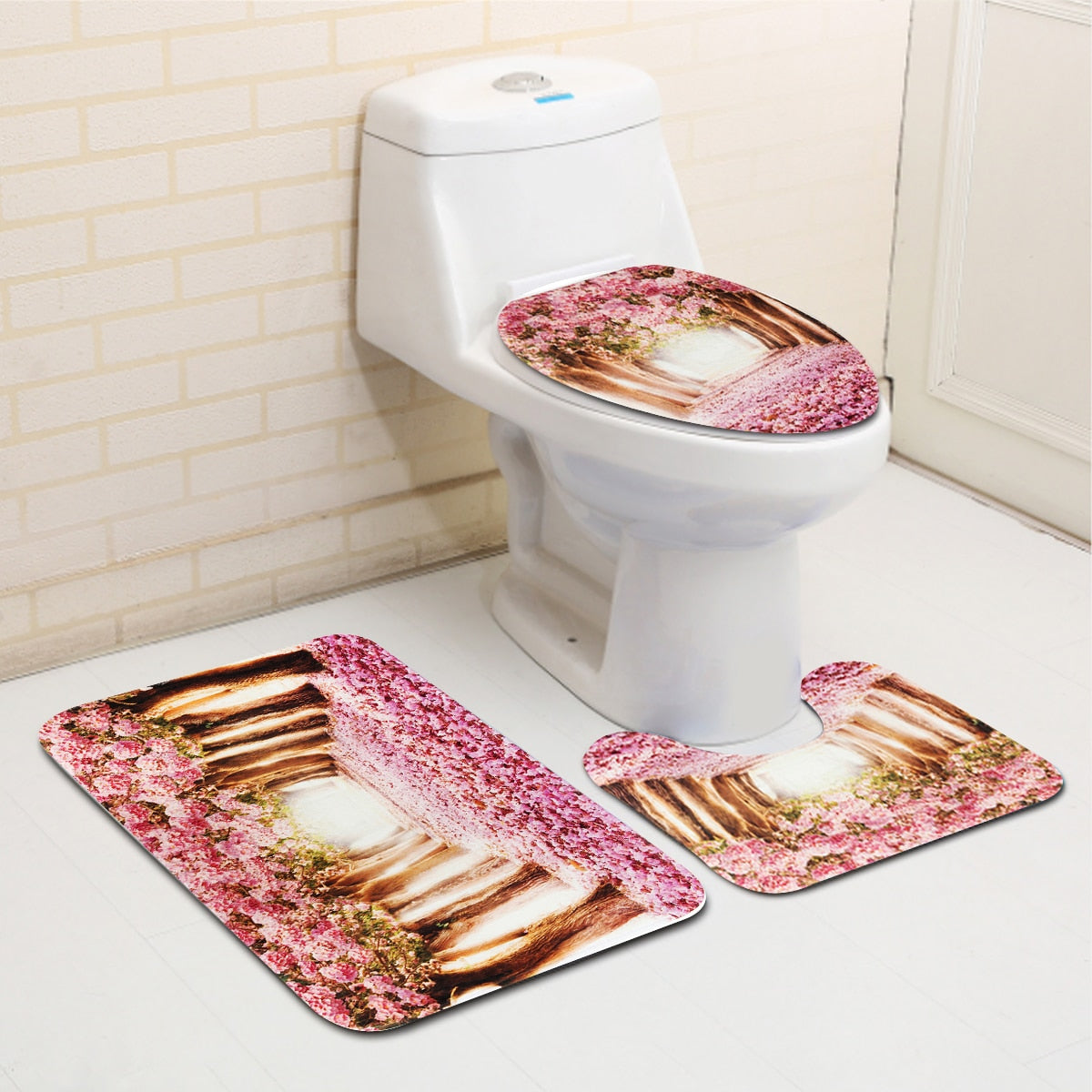  Arrivals Europe Pink Sakura Tree Pattern Bathroom Four-piece Suit,Shower Curtain Bathroom Pedestal Rug Lid Toilet Cover Bath Mat Set
