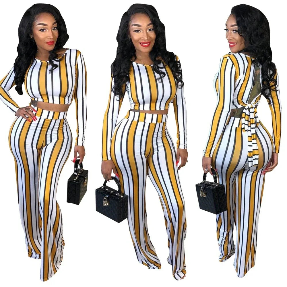 Sexy 2 two piece set top and pants autumn outfits tracksuit women long sleeve wide leg pants striped print - Shello's Creative Boutique