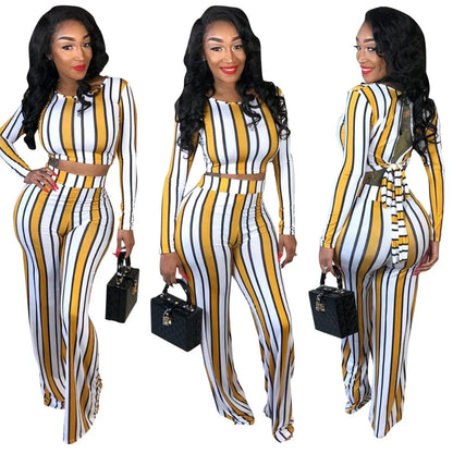 Sexy 2 two piece set top and pants autumn outfits tracksuit women long sleeve wide leg pants striped print - Shello's Creative Boutique