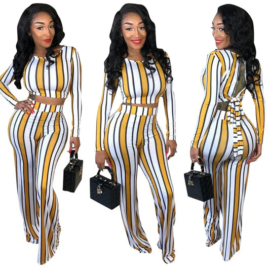 Sexy 2 two piece set top and pants autumn outfits tracksuit women long sleeve wide leg pants striped print - Shello's Creative Boutique