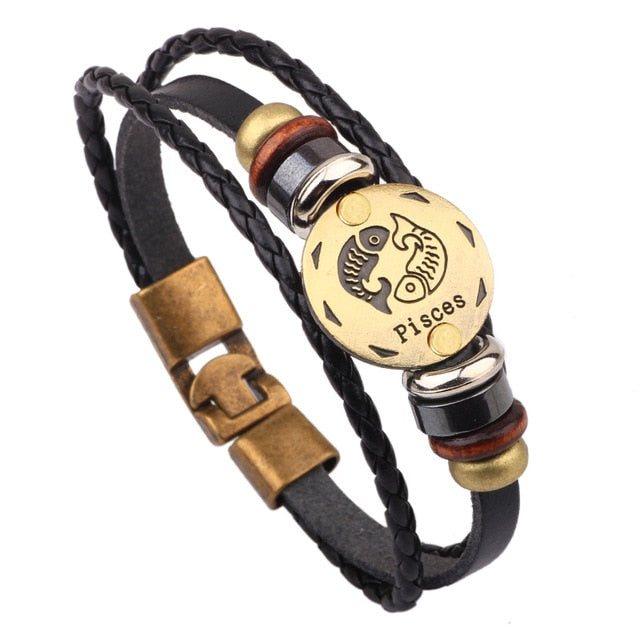12 Horoscope Leather Bracelet Men Jewelry Vintage Retro Charm Bracelet Male Jewelry 8.2 eprolo