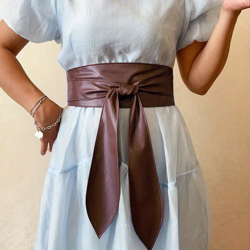 Black Bowknot Obi Belt  Lace Up Tied Knot Corset PU Wide Belts Cinch Waistband Elegant Dress Coat Girdle For Women eprolo