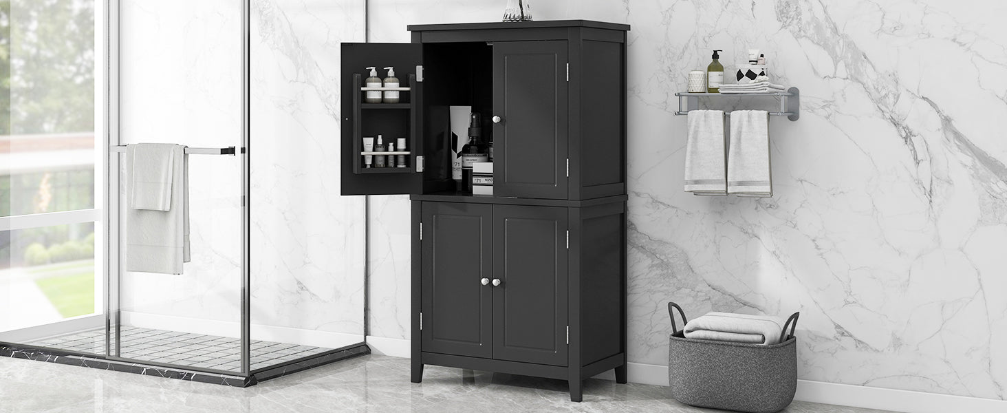 Bathroom floor storage cabinet, bathroom storage cabinet, 4-door independent cabinet, adjustable shelf, adaptive shelf, black eprolo