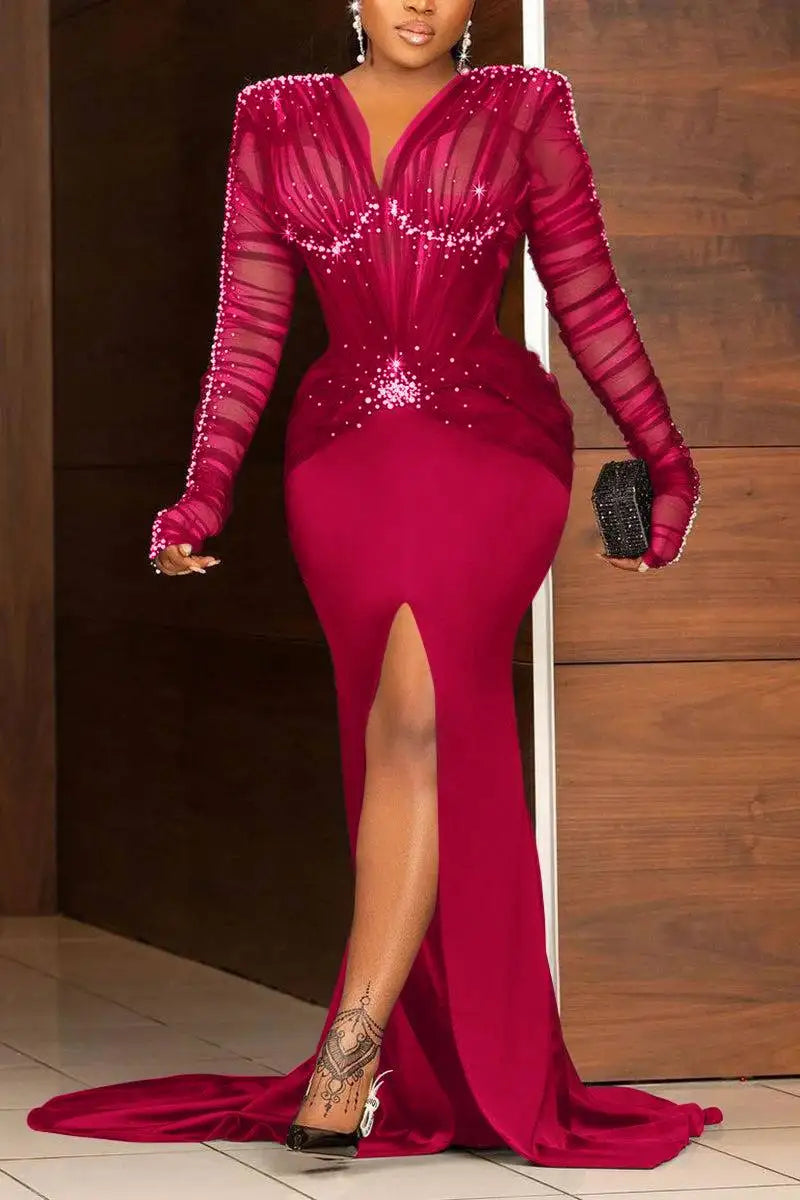 Evening Dress for Women Plus Size Sequin Slim Paty Club Elegant Long Sleeve Ruched Rhinestone Pearl Decor Slit Train Maxi Dress eprolo