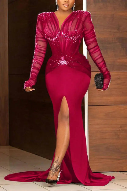 Evening Dress for Women Plus Size Sequin Slim Paty Club Elegant Long Sleeve Ruched Rhinestone Pearl Decor Slit Train Maxi Dress eprolo