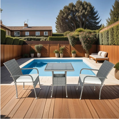 3 Piece Patio Wicker Conversation Set Grey Wicker + white Cushion - Shello's Creative Boutique