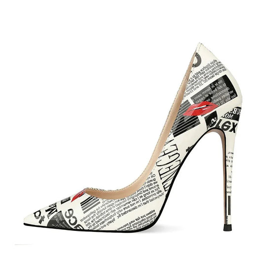 Poster Letter Mouse Printed Thin High Heel Pointed Toe Female Dress Shoes Women Slip On Pumps Stiletto Heels - Shello's Creative Boutique