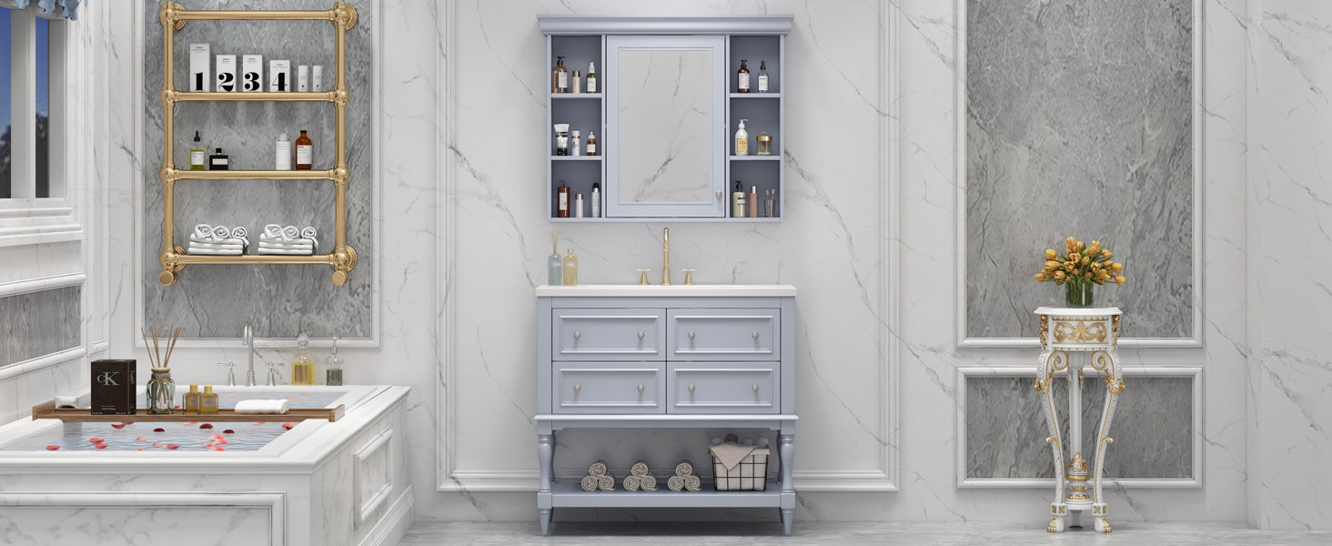 36'' Bathroom Vanity with Medicine Cabinet, Modern Mirror Cabinet with Adjustable Shelf, Bathroom Storage Cabinet with 4 Drawers eprolo