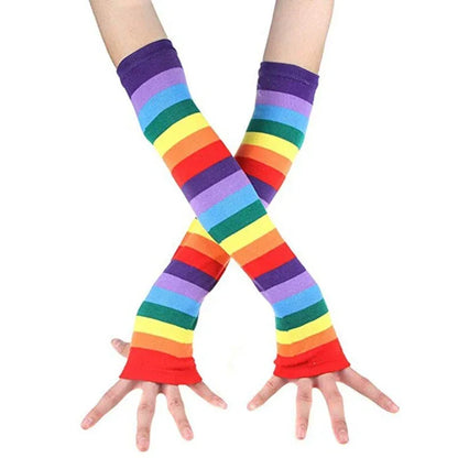 Rainbow Striped Thigh High Socks & Fingerless Arm Warmers Set - Shello's Creative Boutique