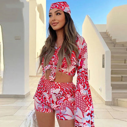 Red Print 3-Piece Set - Long Sleeve Blouse & Mini Shorts Y2K - Shello's Creative Boutique