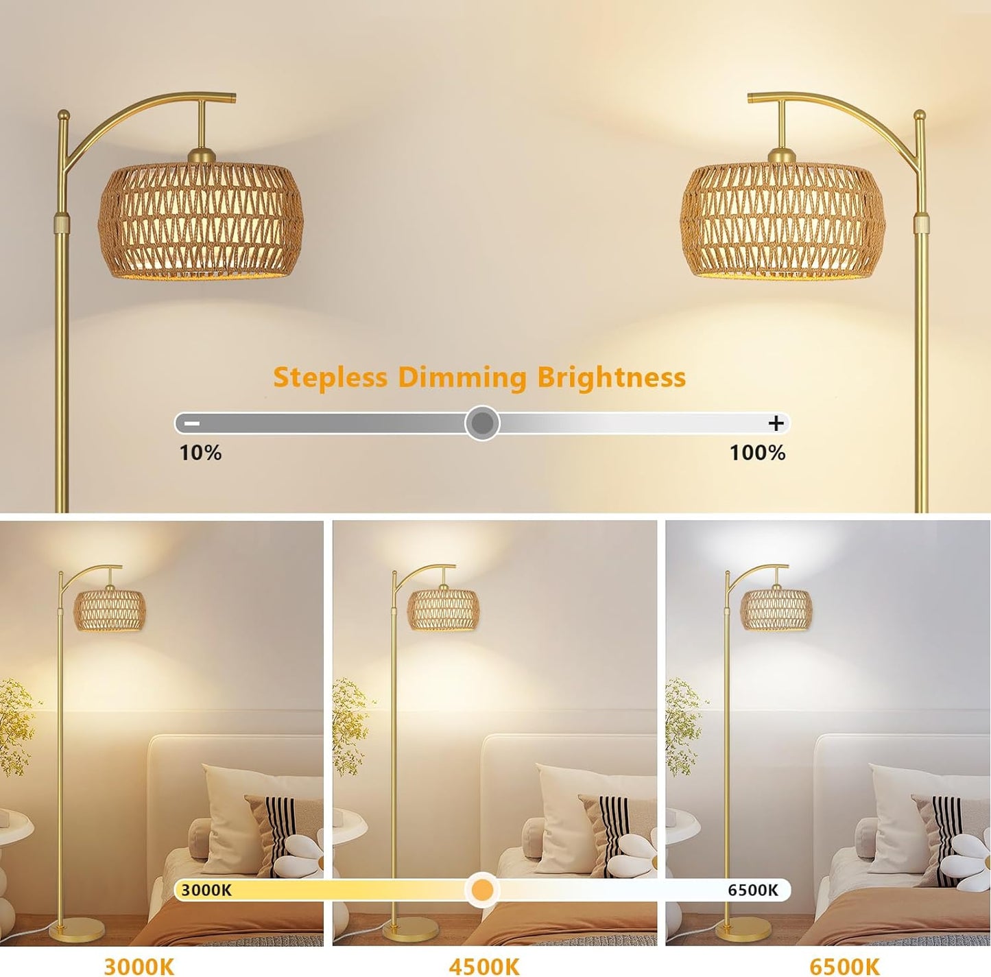 Arc Floor Lamp with 3 Color Temperatures, LED Gold Floor Lamp with Remote & Stepless Dimmable Bulb, Boho Standing Lamp eprolo