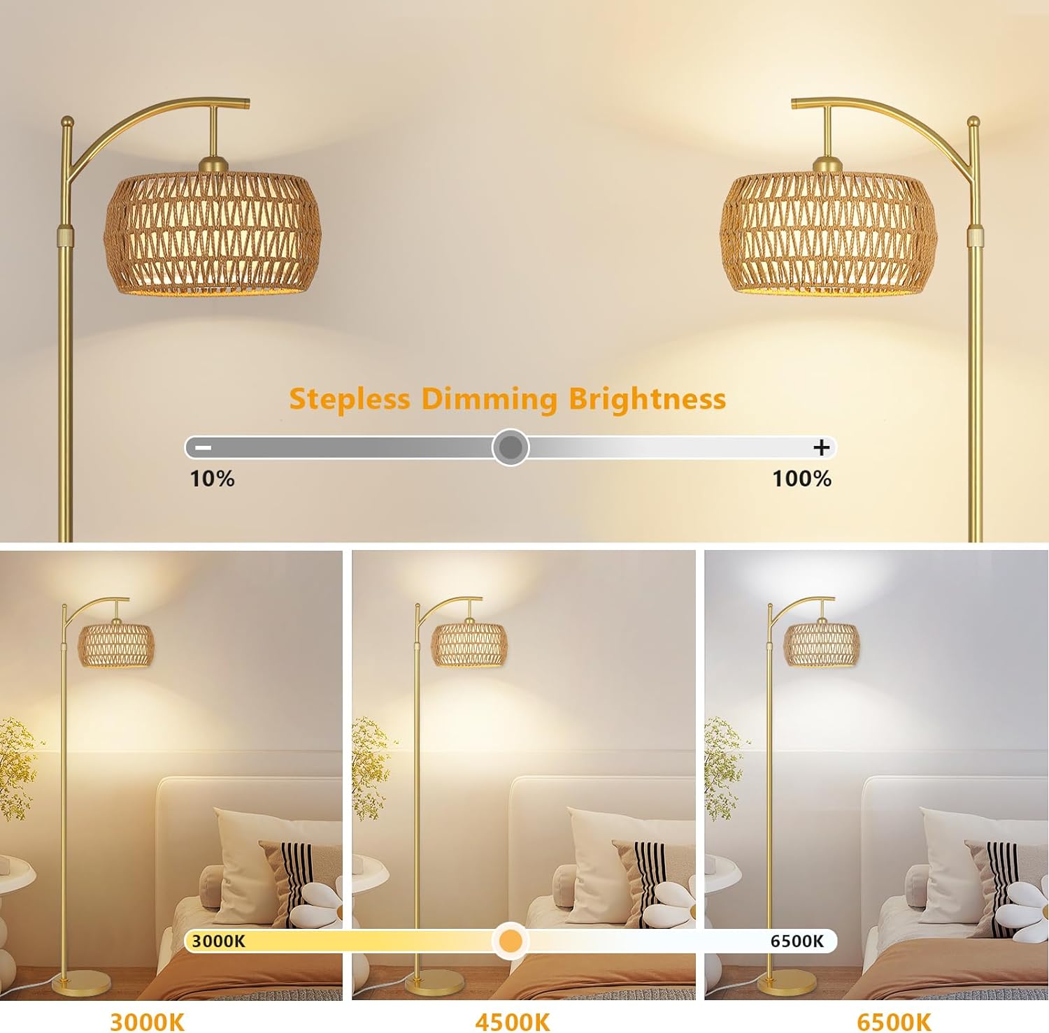 Arc Floor Lamp with 3 Color Temperatures, LED Gold Floor Lamp with Remote & Stepless Dimmable Bulb, Boho Standing Lamp eprolo