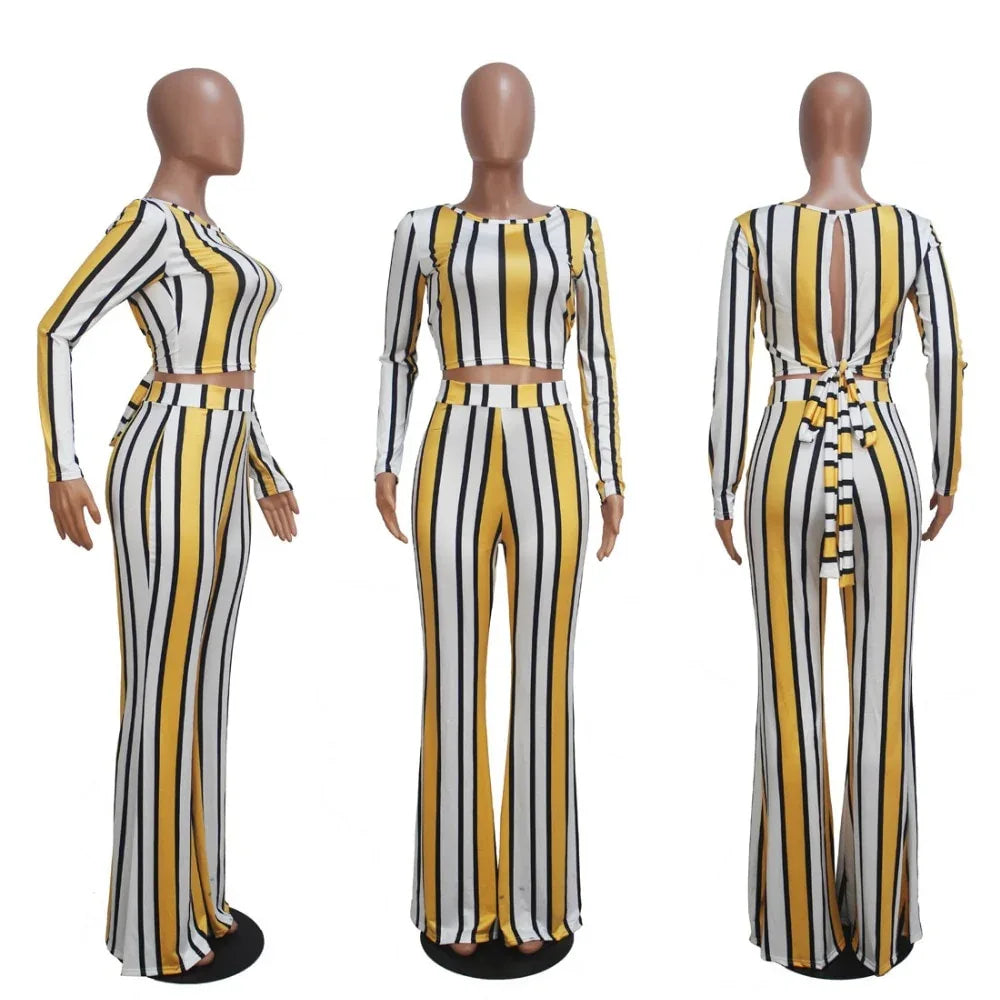 Sexy 2 two piece set top and pants autumn outfits tracksuit women long sleeve wide leg pants striped print - Shello's Creative Boutique