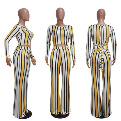 Sexy 2 two piece set top and pants autumn outfits tracksuit women long sleeve wide leg pants striped print - Shello's Creative Boutique