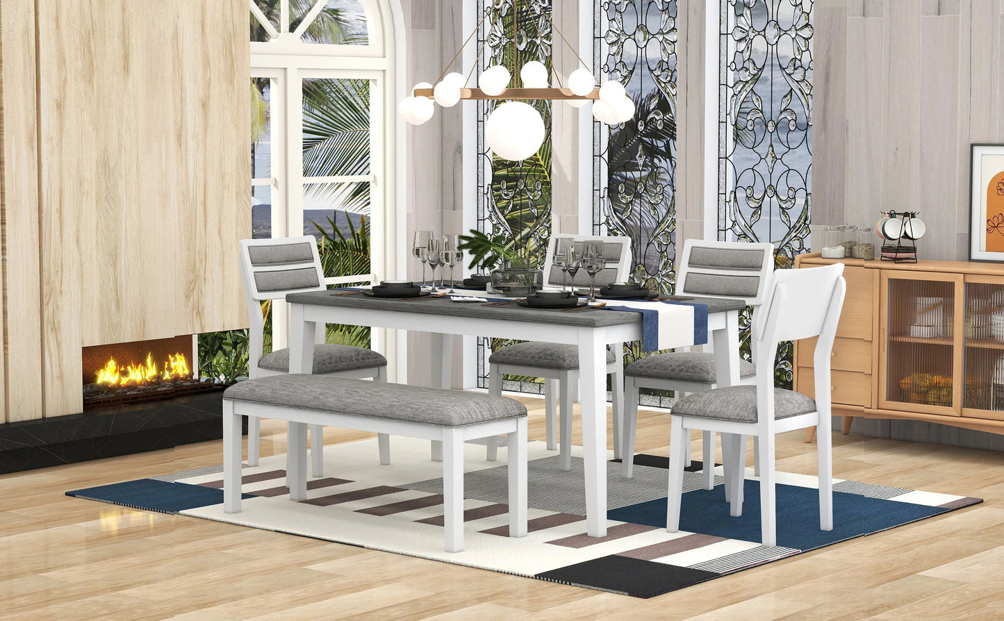 TREXM Classic and Traditional Style 6 - Piece Dining Set, Includes Dining Table 4 Upholstered Chairs & Bench (White+Gray) - Shello's Creative Boutique