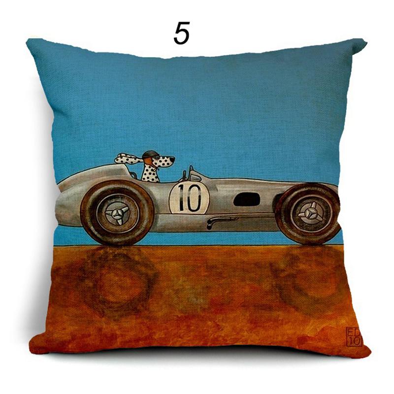 Pillow Lovely Cartoon Dog Driving Car Vintage Almofadas 45X45CM Linen Pillow Decorative Linen Cushion Cover Shello Creative Boutique