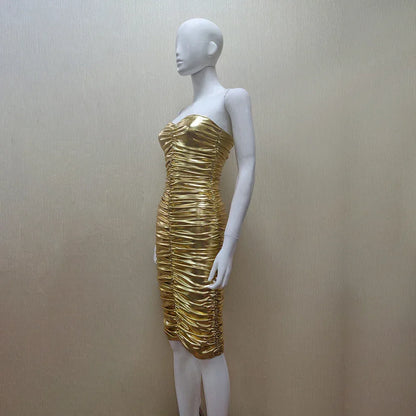 New Arrival Women Sexy Gold Dresses Bodycon Strapless Slash Neck Gold Dresses Night Club Wear - Shello's Creative Boutique