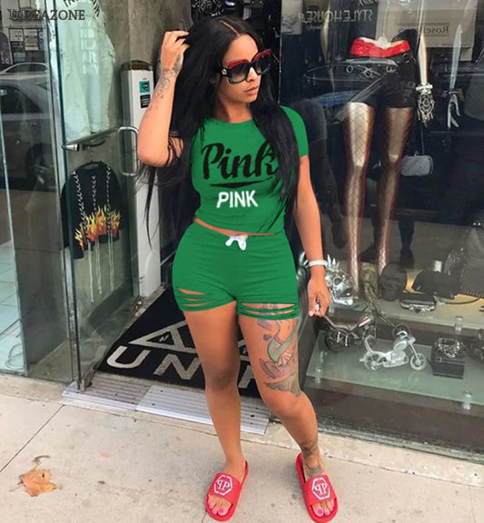Pink Letter Print 2 Piece Set Tracksuit Women Top And Hollow Pants Casual Outfit Sweatshirts Two Pcs Sportwear 3XL Dropship - Shello's Creative Boutique