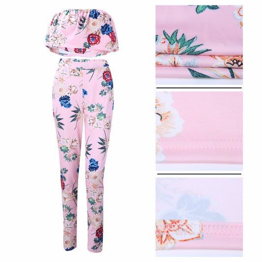 Summer Women Clothes Plus size Flower two piece set Print off shoulder crop top Ruffles cropped Tops Pants Pattern suit eprolo