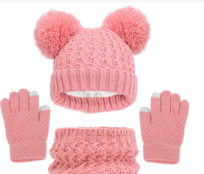 European and American children's hats, scarves, gloves, three piece set, autumn and winter plush and thickened double ball baby hats - Shello's Creative Boutique