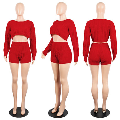 2 Two Piece Set Women Clothes Autumn Winter Outfits Long Sleeve Knit Sweater Tops+Bodycon Shorts Suit Sexy Matching Sets eprolo