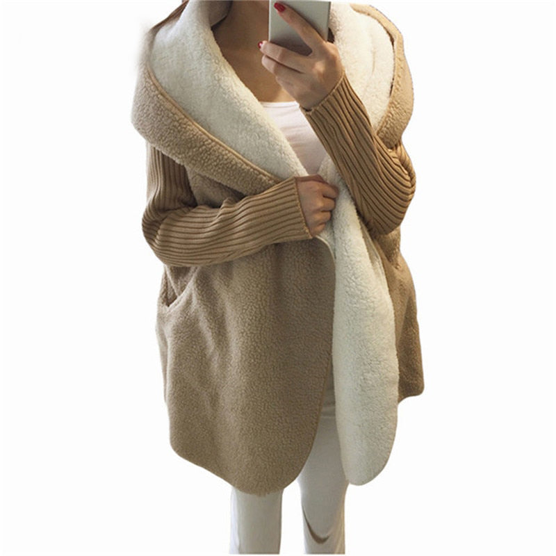 Loose Lamb Wool Cardigan Solid Color Hooded Long Fashion Coat Knitted Sleeve Stitching Warm Jacket eprolo