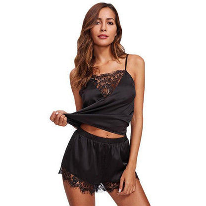 Patchwork Strap Lace Waist Women V Set Summer Shorts Elastic Spaghetti Pajamas Eyelash Floral Sleepwear Sexy Neck eprolo