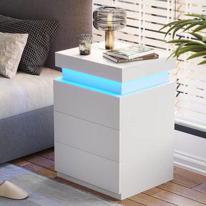 LED White Nightstand With 3 Drawers – Modern Multi-Colour LED Night Table - Shello's Creative Boutique