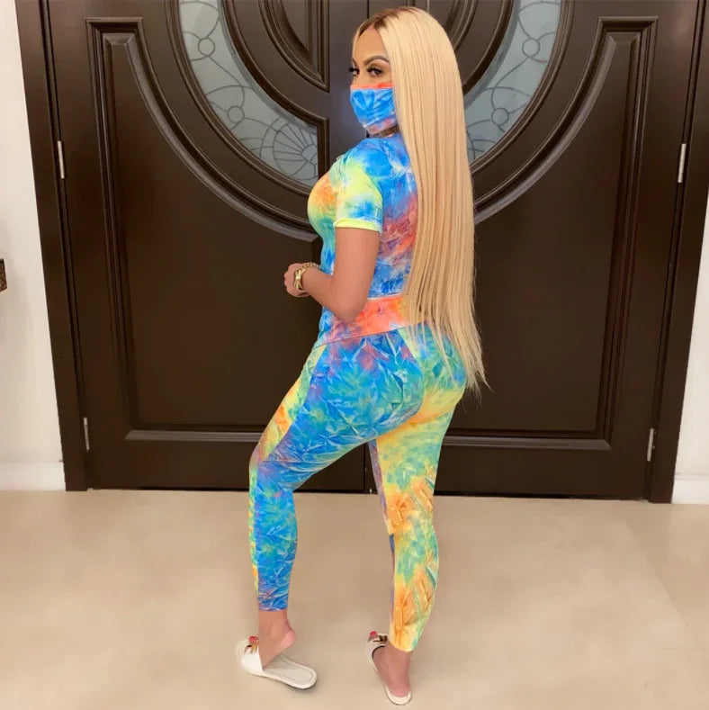 Tie-Dye Two Piece Set Women Summer Clothes Casual Sportswear 2 Piece Outfit for Women Sweat Suit Short Sleeve Top and Shorts Set include Mask - Shello's Creative Boutique