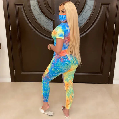 Tie-Dye Two Piece Set Women Summer Clothes Casual Sportswear 2 Piece Outfit for Women Sweat Suit Short Sleeve Top and Shorts Set include Mask - Shello's Creative Boutique