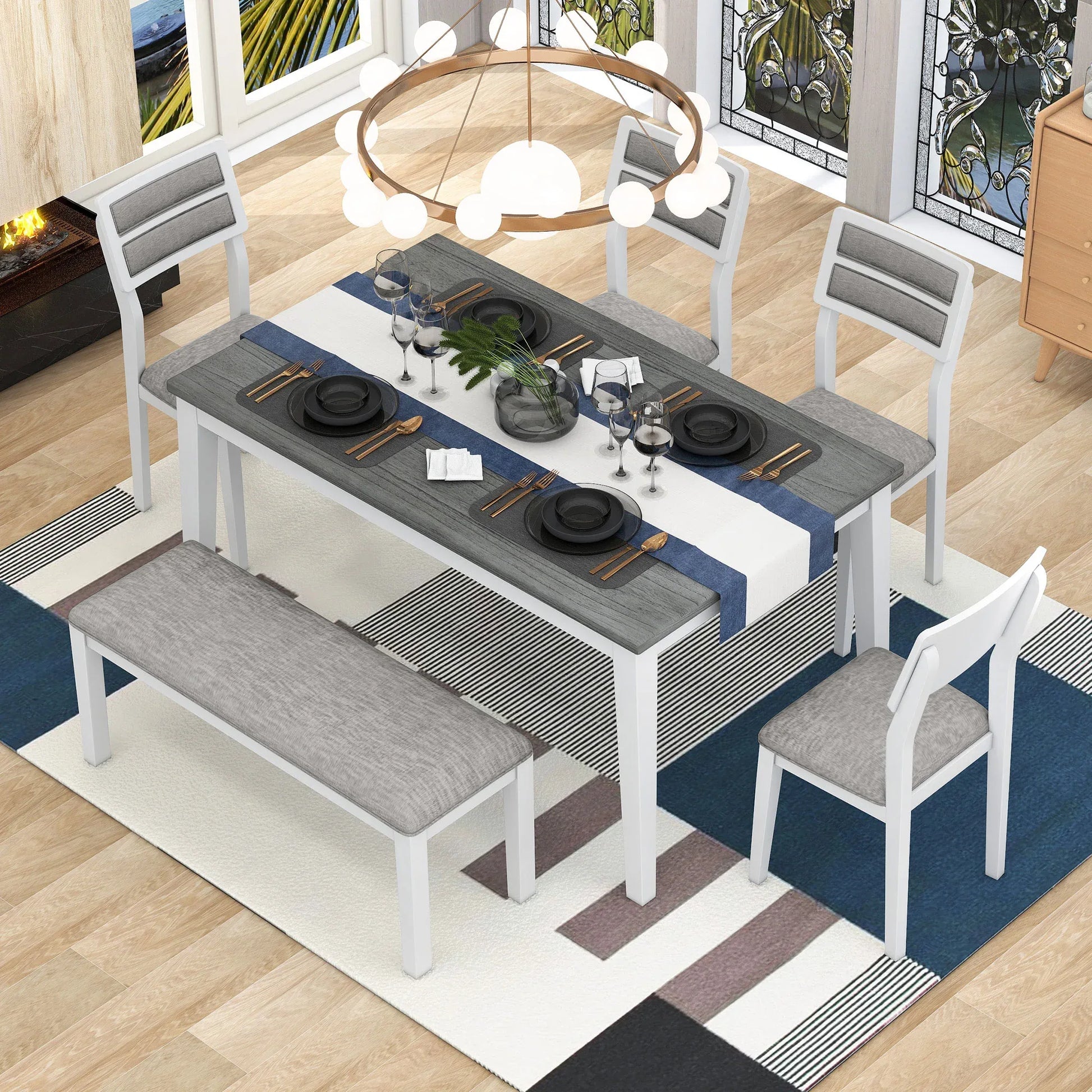 TREXM Classic and Traditional Style 6 - Piece Dining Set, Includes Dining Table 4 Upholstered Chairs & Bench (White+Gray) - Shello's Creative Boutique