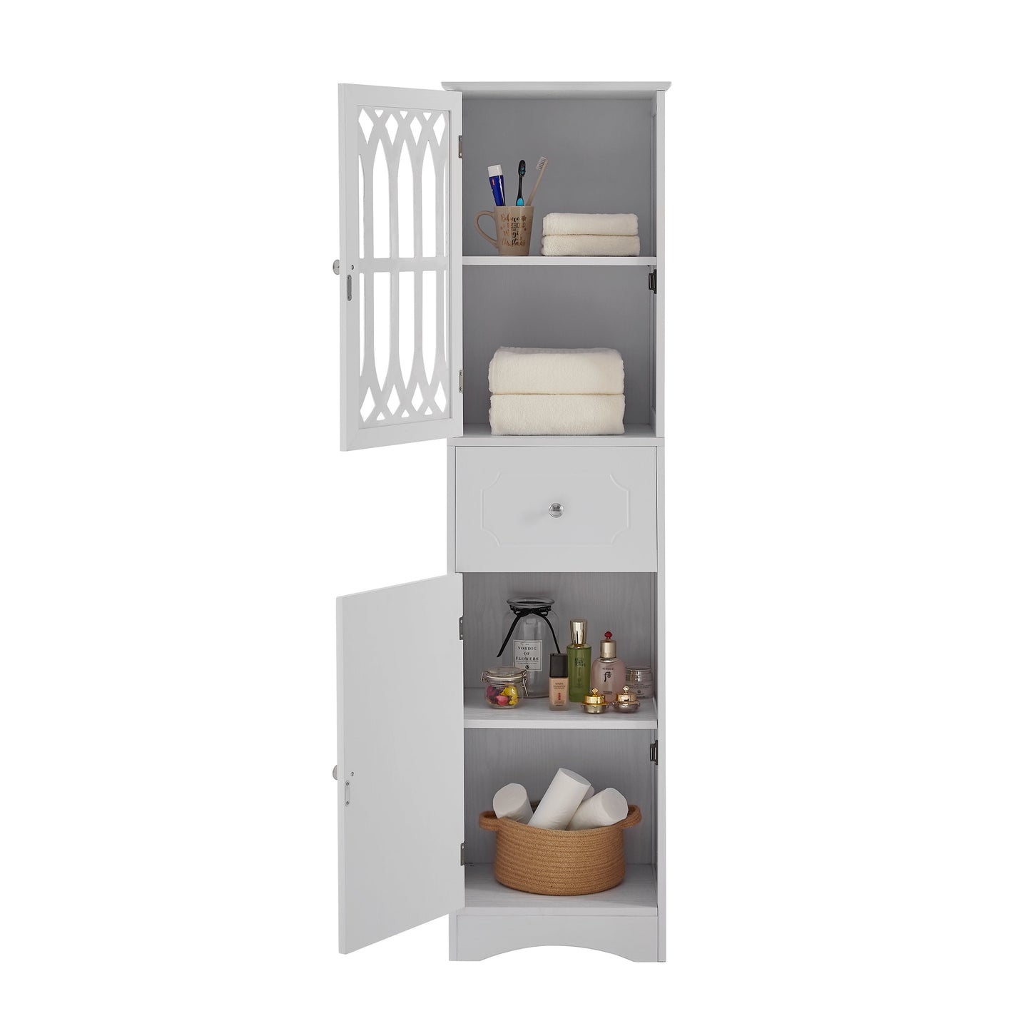 Tall Bathroom Cabinet, Freestanding Storage Cabinet with Drawer and Doors, MDF Board, Acrylic Door, Adjustable Shelf, White eprolo