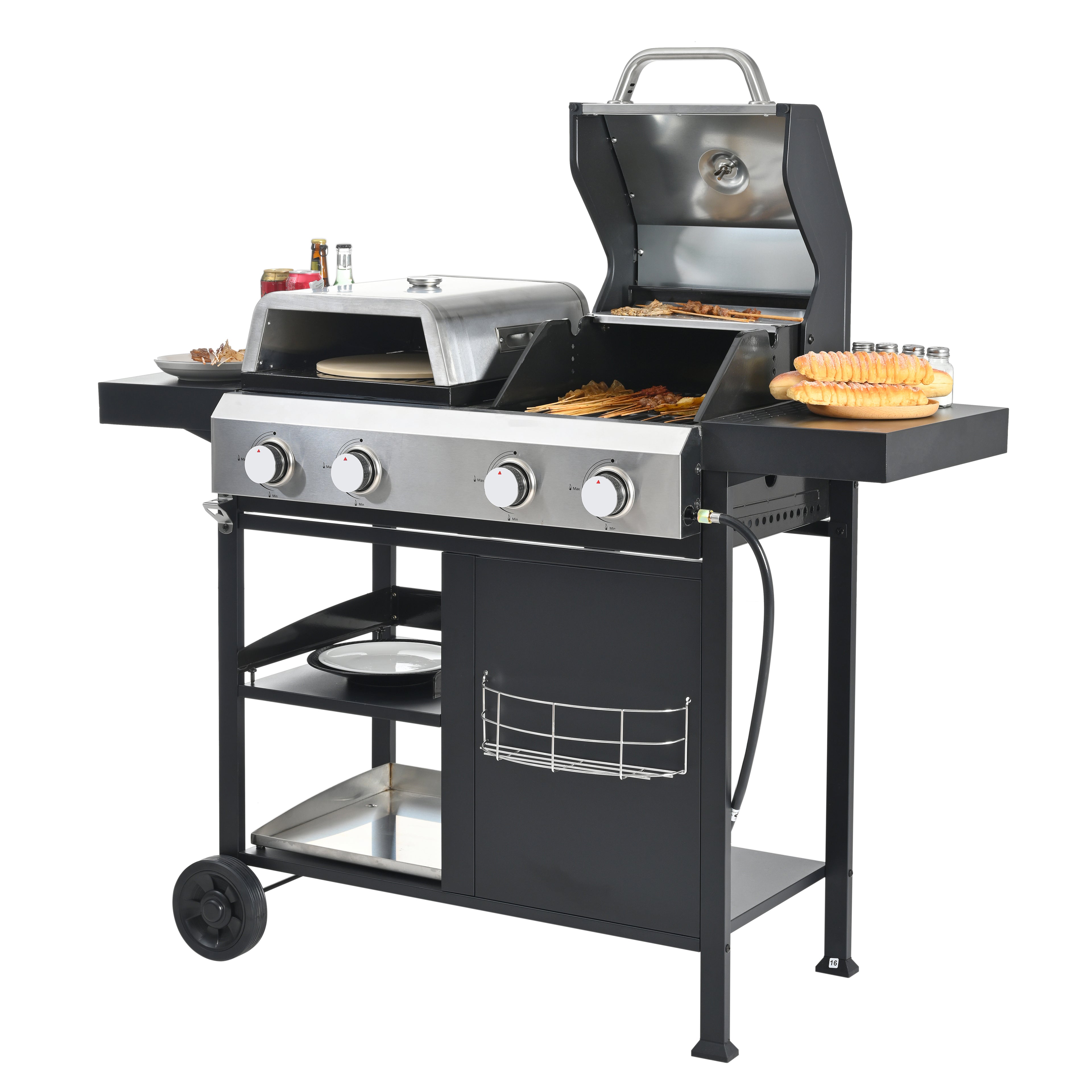 2+2 multifunctional gas barbecue grill and covered grill combination for outdoor cooking - barbecue, barbecue, pizza. eprolo