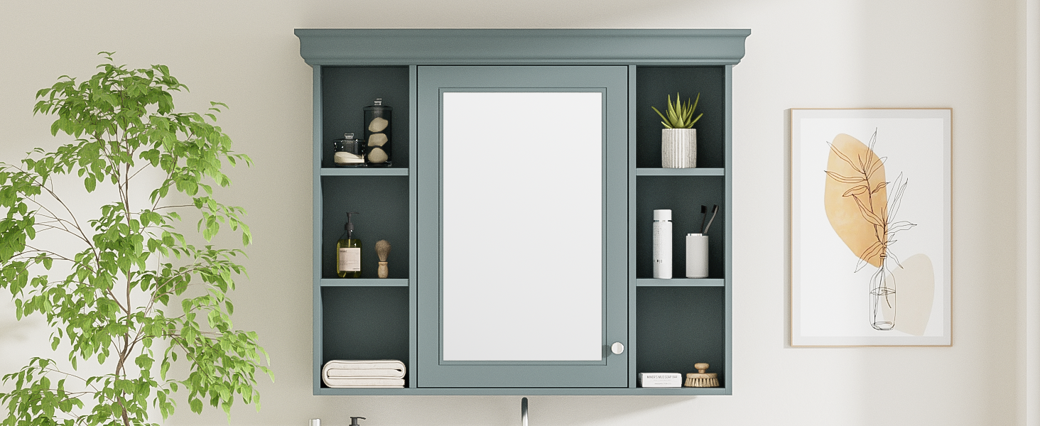 35 ''x 28' 'blue wall mounted bathroom storage cabinet with mirror door and medication cabinet with 6 open shelves eprolo