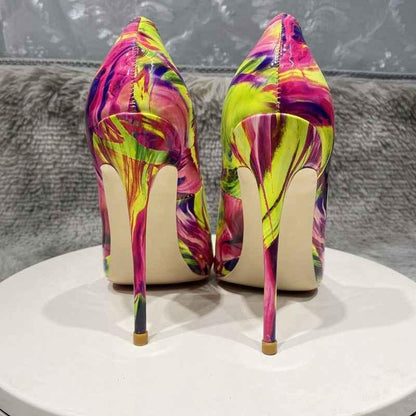 12cm heel Glossy Colourful Print Women Pointed Toe High Heels Stilettos Pumps
