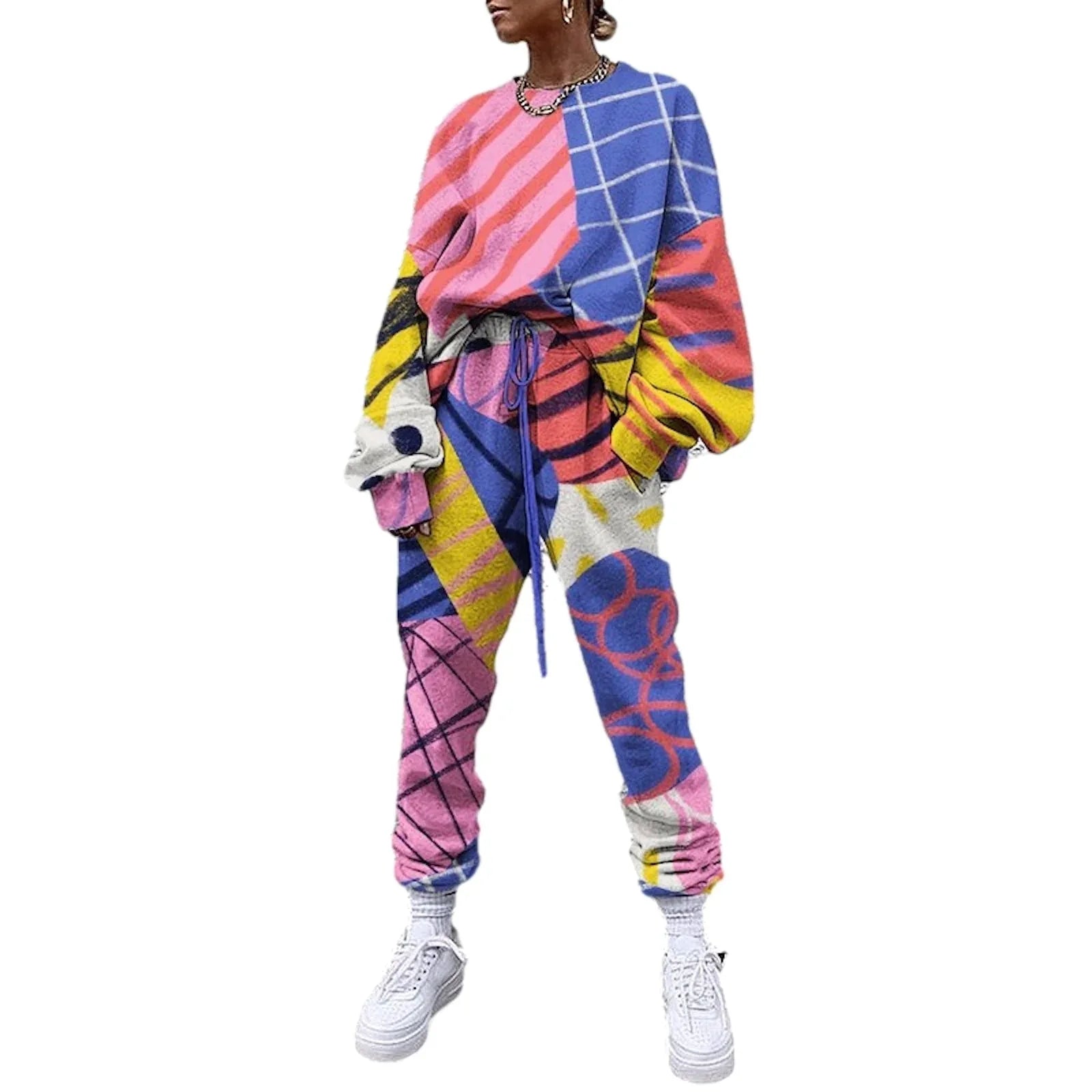 Stylish Printed Round-necked Long-sleeved Trousers Sports Two-piece Suit Two Piece Set Crop Top Two Piece Set Women Clothes - Shello's Creative Boutique
