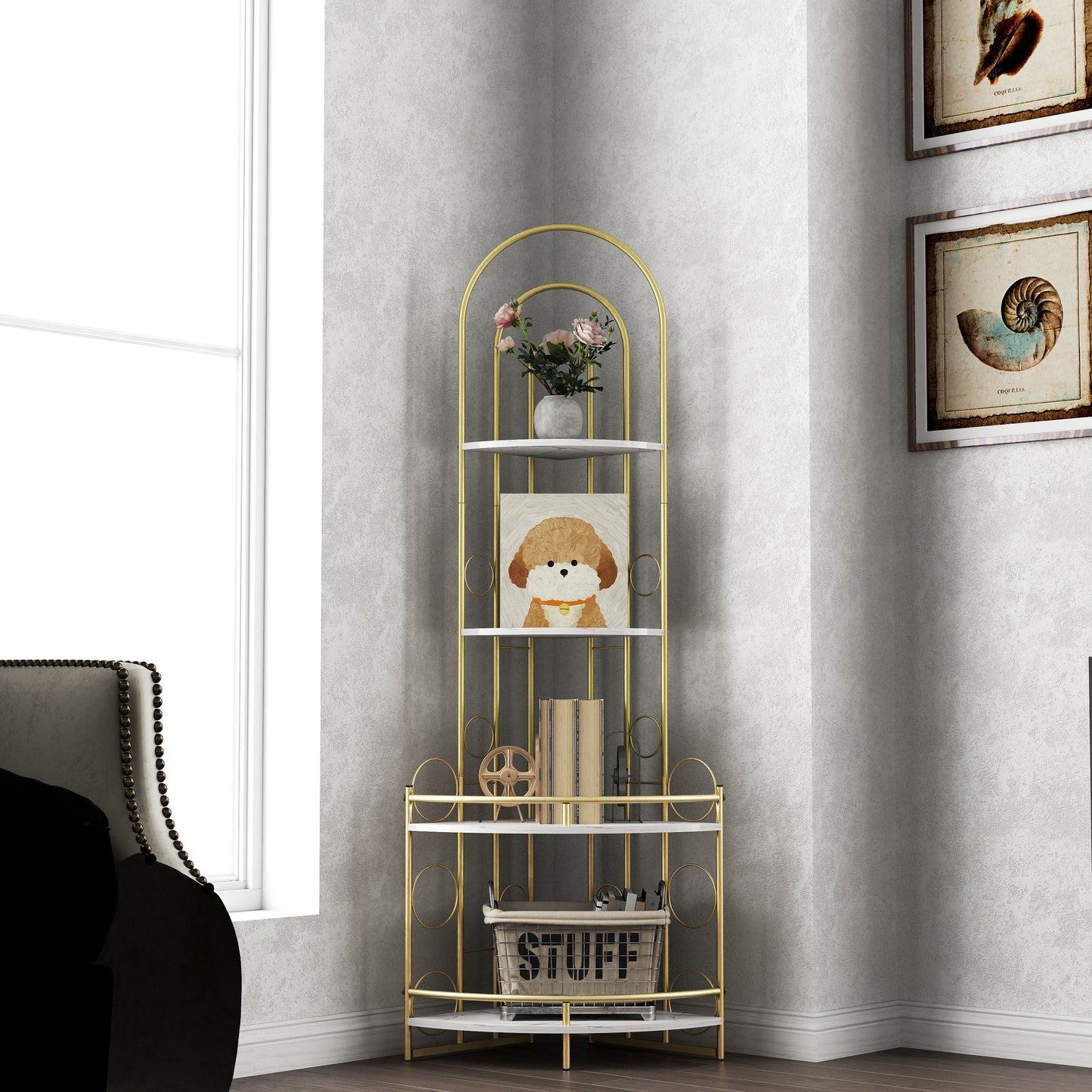 Gold 4-Tier Corner Bookshelf, Modern Style, Plant Stand with Metal Frame eprolo