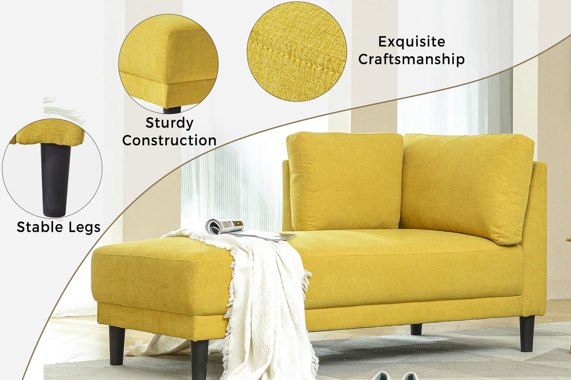 65" Mid-Century Modern Fabric Corner Lounge Chair Upholstered Indoor Chaise Lounge for Bedroom eprolo