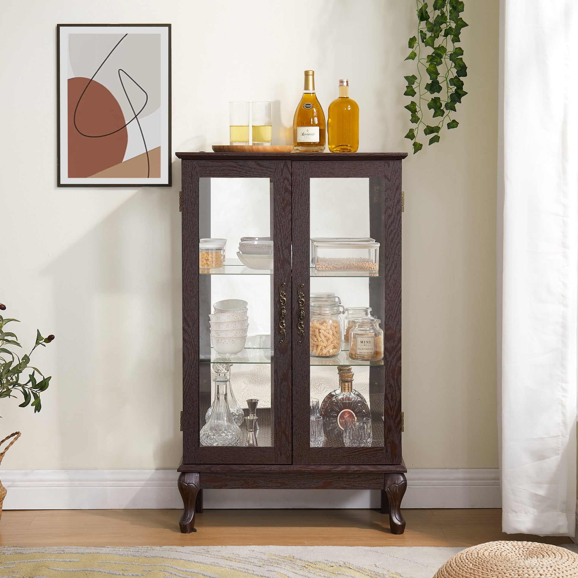 Dual door Curio cabinet with tempered glass mirror back panel and adjustable shelf display cabinet with light bulbs cherry color eprolo