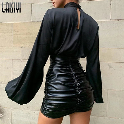 Satin Lantern Sleeve Blouse - Turtleneck Cropped Top - Shello's Creative Boutique