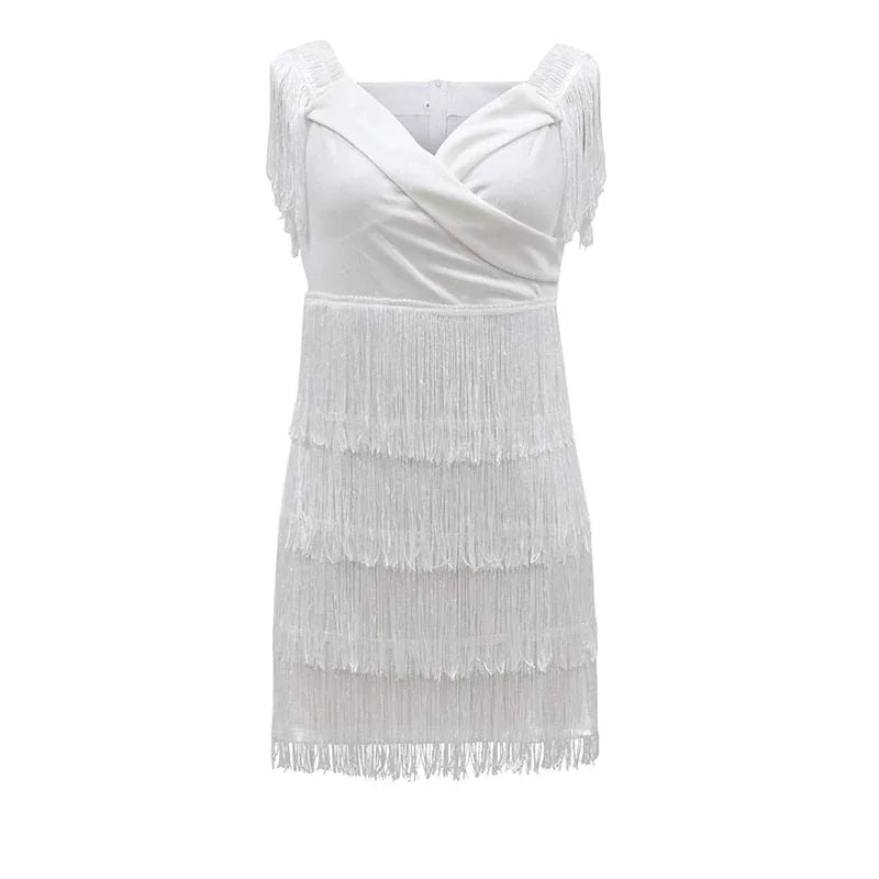 White Off Shoulder Tassel Mini Dress - Bodycon Bandage Dress - Shello's Creative Boutique