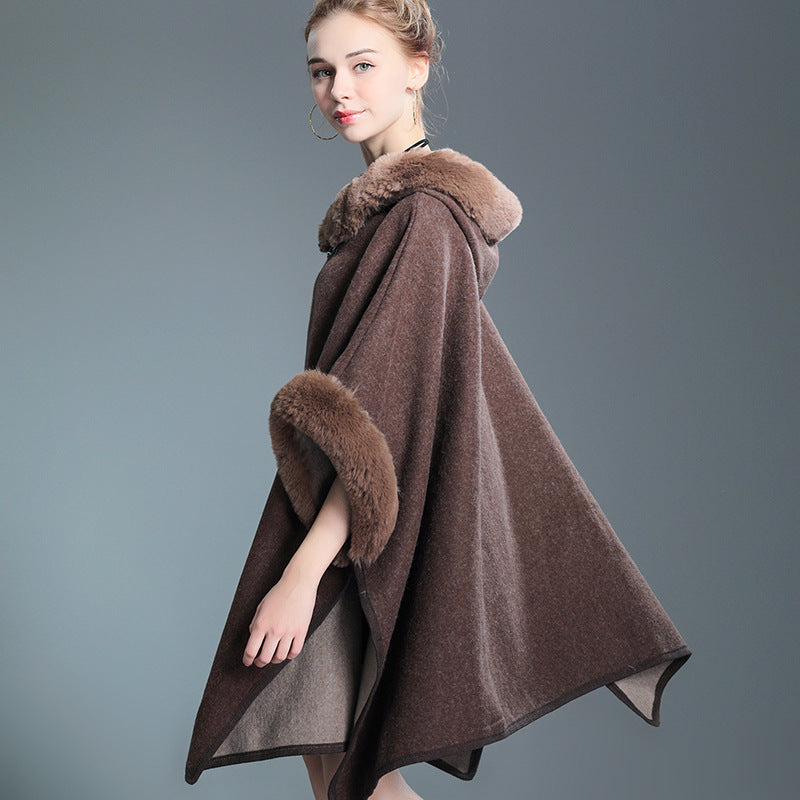 Imitation otter rabbit fur collar hooded shawl cape plus size woolen coat loose cardigan for women eprolo