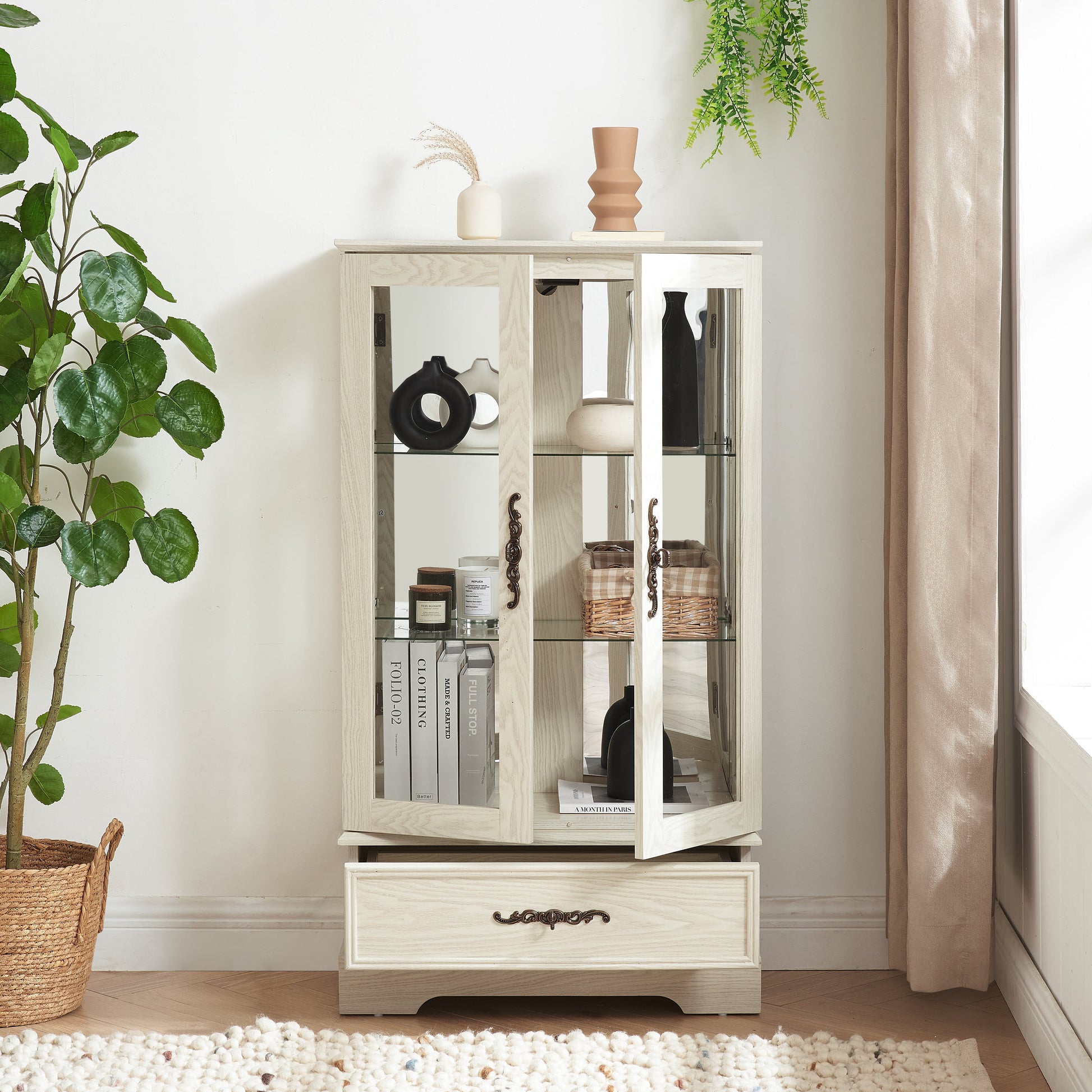 Light colored glass cabinet Curio display cabinet with adjustable glass frame, 2 doors and 1 drawer, including white light bulbs eprolo