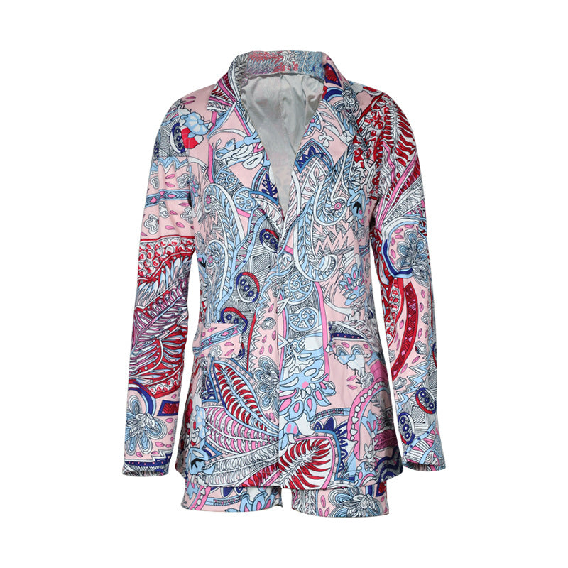 Early Autumn Fashion Casual Printed Suit Deep V Neck Long Jacket Shorts Two Piece Suit eprolo