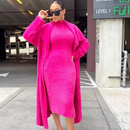 Women's autumn and winter new fashionable loose cardigan jacket double-sided velvet dress set for women - Shello's Creative Boutique