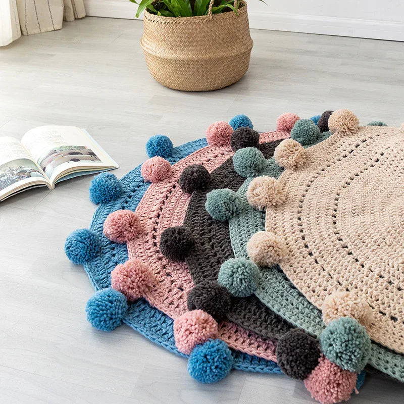 Handmade Woolen Ball Carpet – Round Floor Mat for Bedroom & Living Room - Shello's Creative Boutique