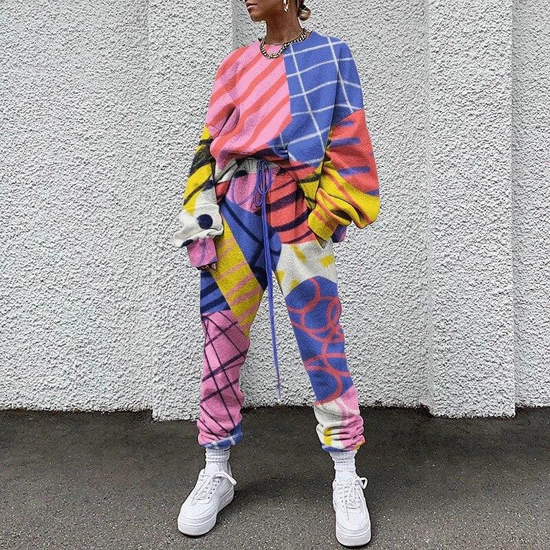 Stylish Printed Round-necked Long-sleeved Trousers Sports Two-piece Suit Two Piece Set Crop Top Two Piece Set Women Clothes - Shello's Creative Boutique