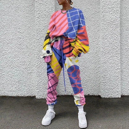 Stylish Printed Round-necked Long-sleeved Trousers Sports Two-piece Suit Two Piece Set Crop Top Two Piece Set Women Clothes - Shello's Creative Boutique