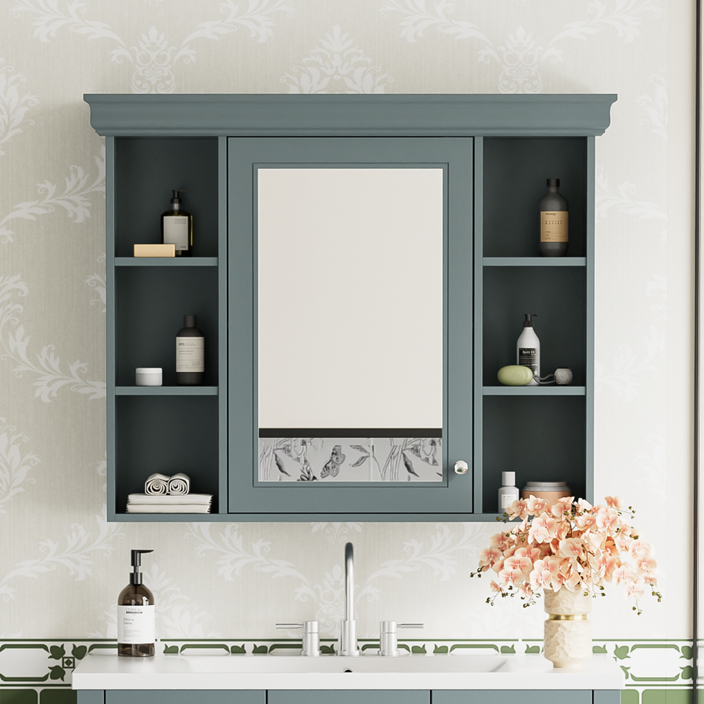 35 ''x 28' 'blue wall mounted bathroom storage cabinet with mirror door and medication cabinet with 6 open shelves eprolo